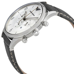 Angled front view of Emporio Armani AR1861 showing silver bezel and white dial