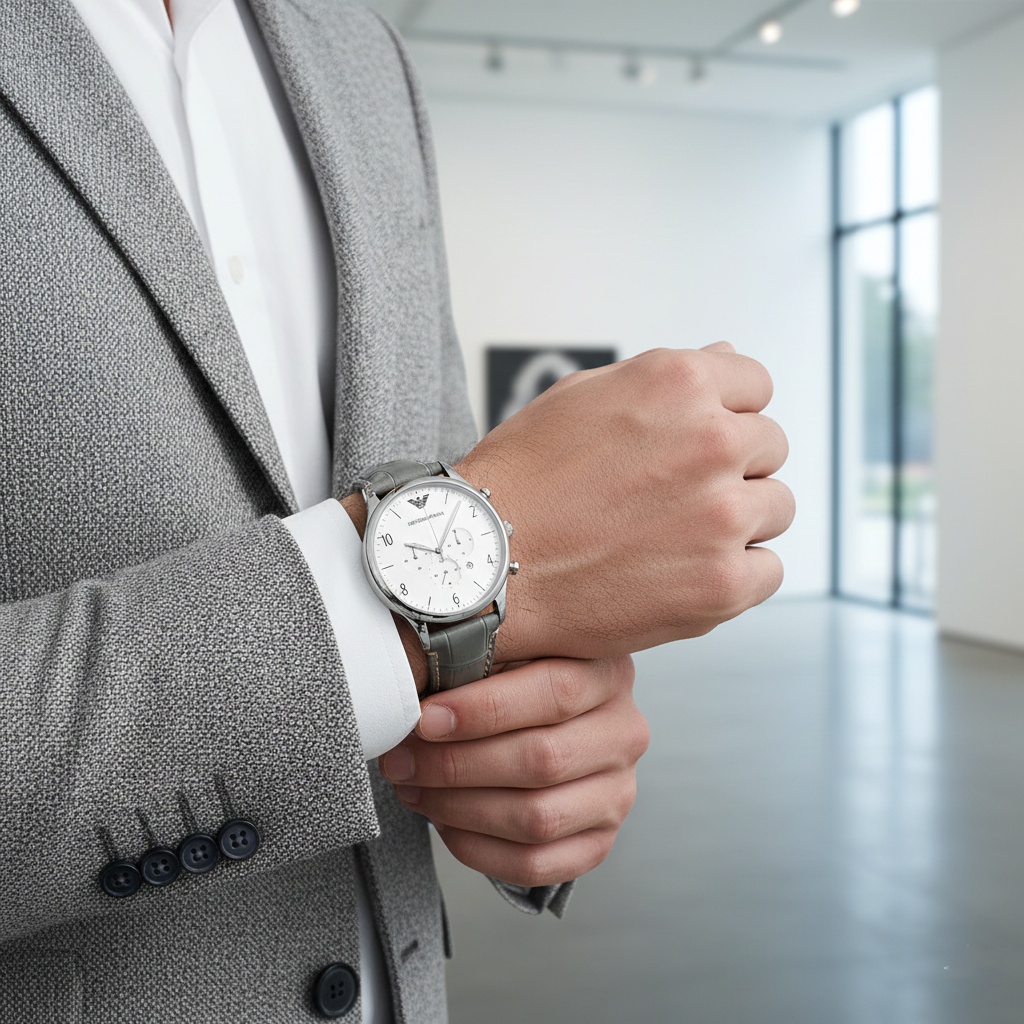 Gentleman wearing Emporio Armani AR1861 white watch with light grey wool suit