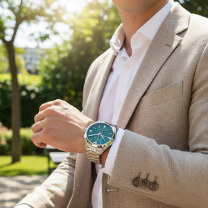 Stylish man wearing Emporio Armani AR11480 green dial watch with beige blazer