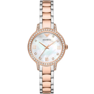 Emporio Armani AR11499 Cleo Women's Watch Two-Tone Silver and Rose Gold with Pearl Dial