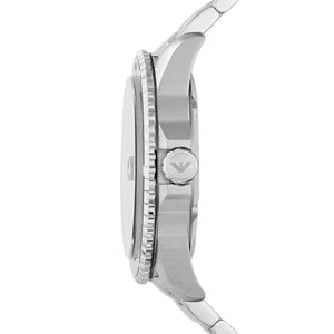 Side view of Emporio Armani AR11339 showing silver crown and rotating bezel grip