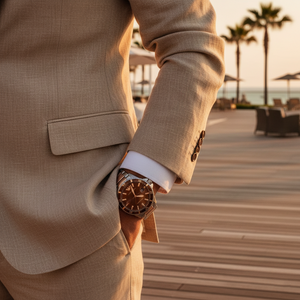 Stylish man wearing Emporio Armani AR11340 brown watch with beige linen suit