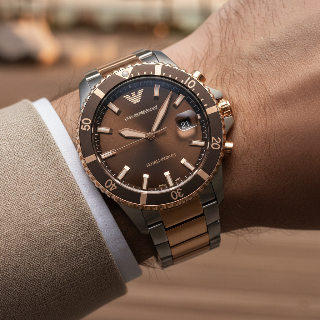 Extreme wrist macro of Armani AR11340 brown dial and magnified date window