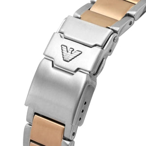 Detailed view of two-tone silver and rose gold stainless steel bracelet for AR11340