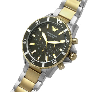 Close-up shot of Emporio Armani AR11361 dial showing 100 meters water resistance text
