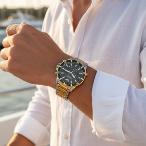 Wealthy man wearing Emporio Armani AR11361 two-tone diver watch on a yacht