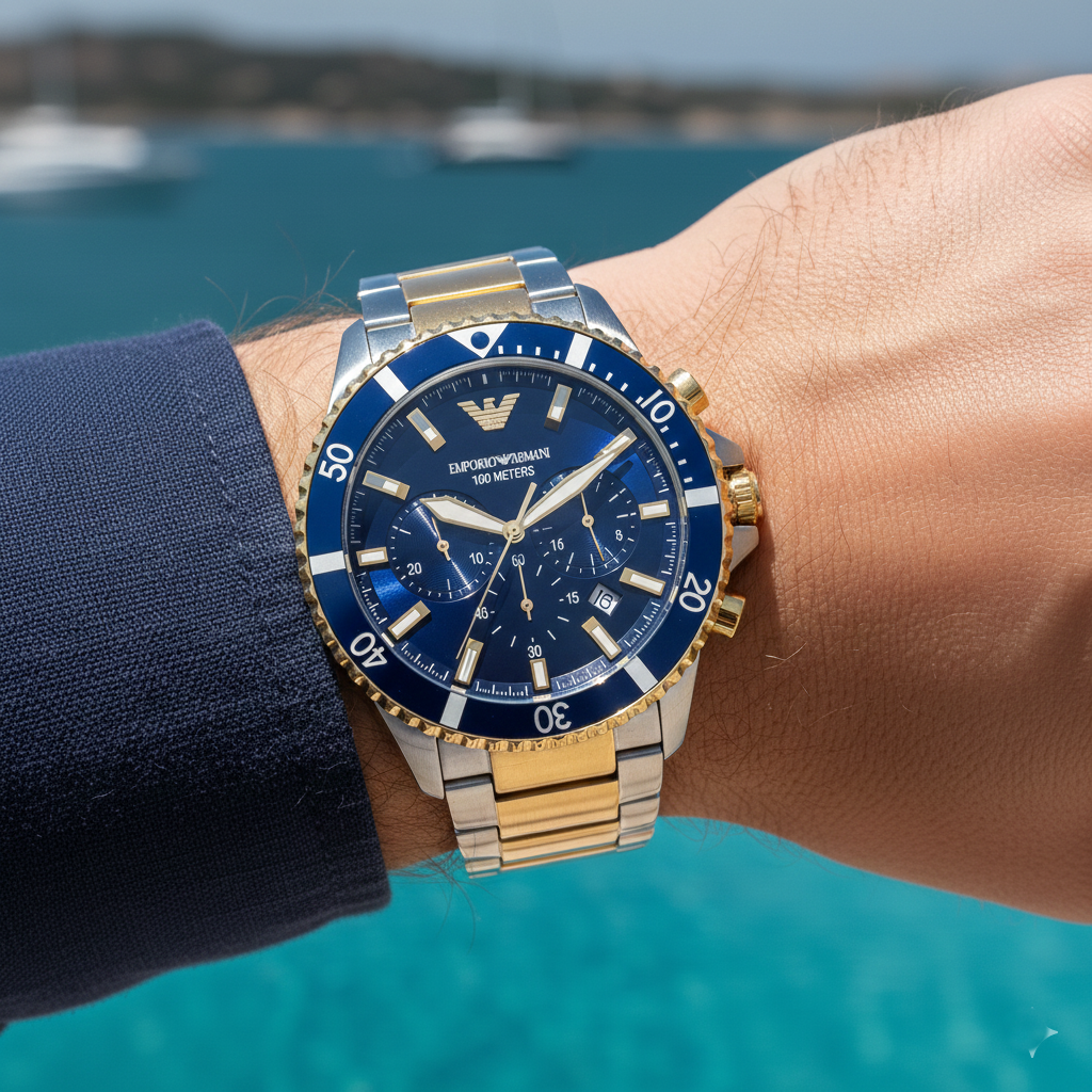 Extreme wrist macro of Armani AR11362 blue dial and gold indices with linen cuff