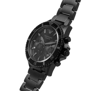 Angled front view of Emporio Armani AR11363 showing rotating black bezel and indices