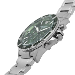 Angled front view of Emporio Armani AR11500 showing green bezel and silver markers