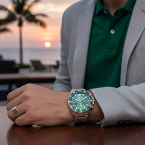 Successful man wearing Emporio Armani AR11500 with forest green polo and silver ring