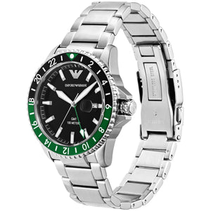 Angled shot of the Emporio Armani AR11589 showing its bold sporty GMT design