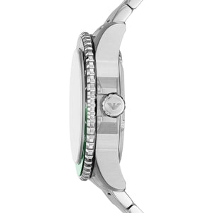 Side profile of the polished silver stainless steel case and crown of the Armani AR11589