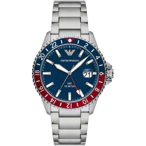 Emporio Armani Diver AR11590 men's GMT watch with blue dial and red-blue Pepsi bezel