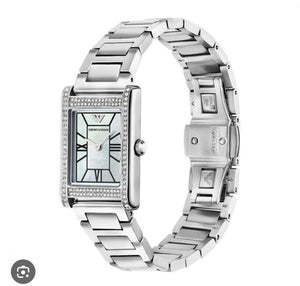 Angled front view of Emporio Armani AR11625 showing crystal-set bezel and pearl dial