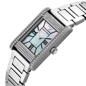 Angled front view of Emporio Armani AR11625 showing crystal-set bezel and pearl dial