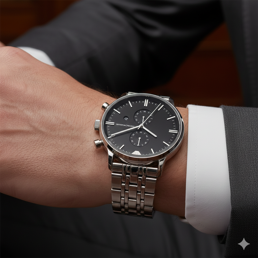 Extreme wrist macro of Armani AR0389 black dial and Roman numerals with suit cuff