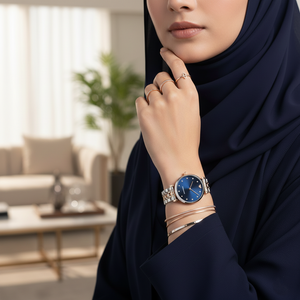 Full view of the elegant Emporio Armani AR11092 Gianni T-Bar blue dial watch