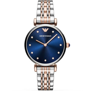 Emporio Armani Gianni T-Bar AR11092 women's two-tone watch with blue sunray dial and crystals