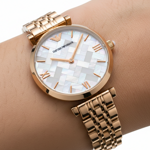 Extreme close-up of Armani AR11110 showing checkered mother of pearl texture