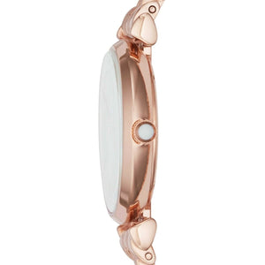 Side view of Emporio Armani AR11110 showing polished rose gold case and T-bar