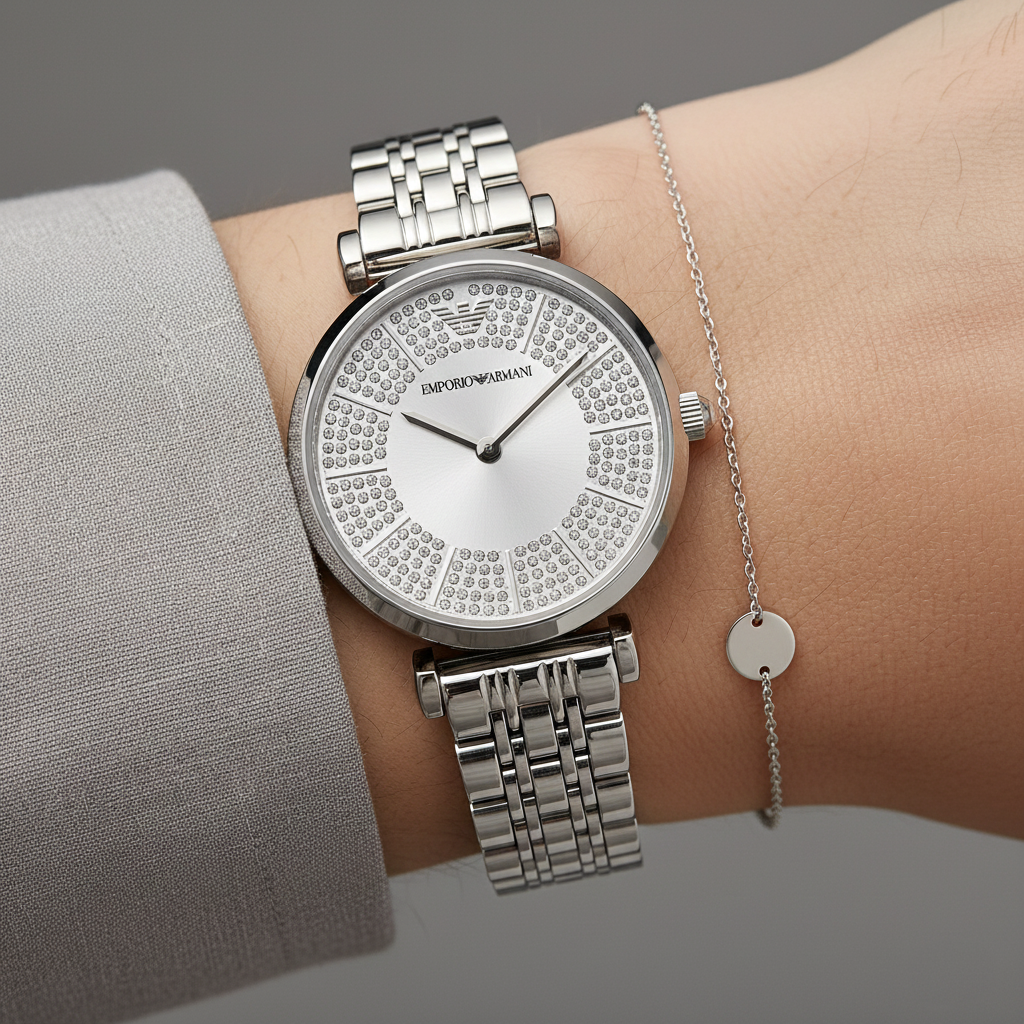 Close up of Armani AR11445 showing the brilliant shimmering full crystal encrusted dial