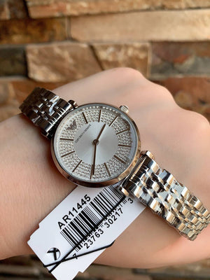 Emporio Armani Gianni AR11445 on wrist showing high-end crystal sparkle