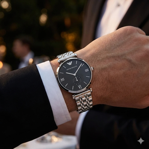 Gentleman in tuxedo wearing Emporio Armani AR1676 T-bar watch with black dial