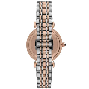 Detailed view of the mixed silver and rose gold stainless steel link bracelet for AR1725