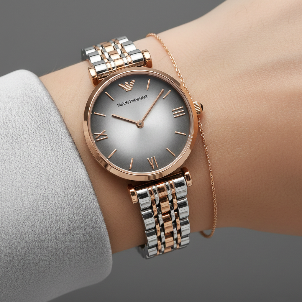 Close up of Armani AR1725 showing grey sunray dial and rose gold eagle logo