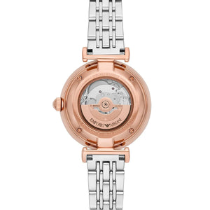 Transparent back case of Emporio Armani AR60049 showing automatic movement