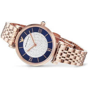Angled view of the Armani AR11423 showcasing the crystal dial and rose gold finish