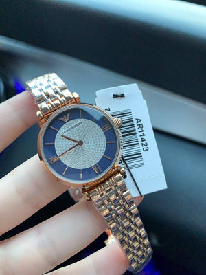 Emporio Armani AR11423 watch modeled on a woman's wrist