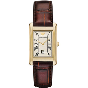 Emporio Armani Gino AR11665 men's gold-tone rectangular watch with cream dial and brown leather strap