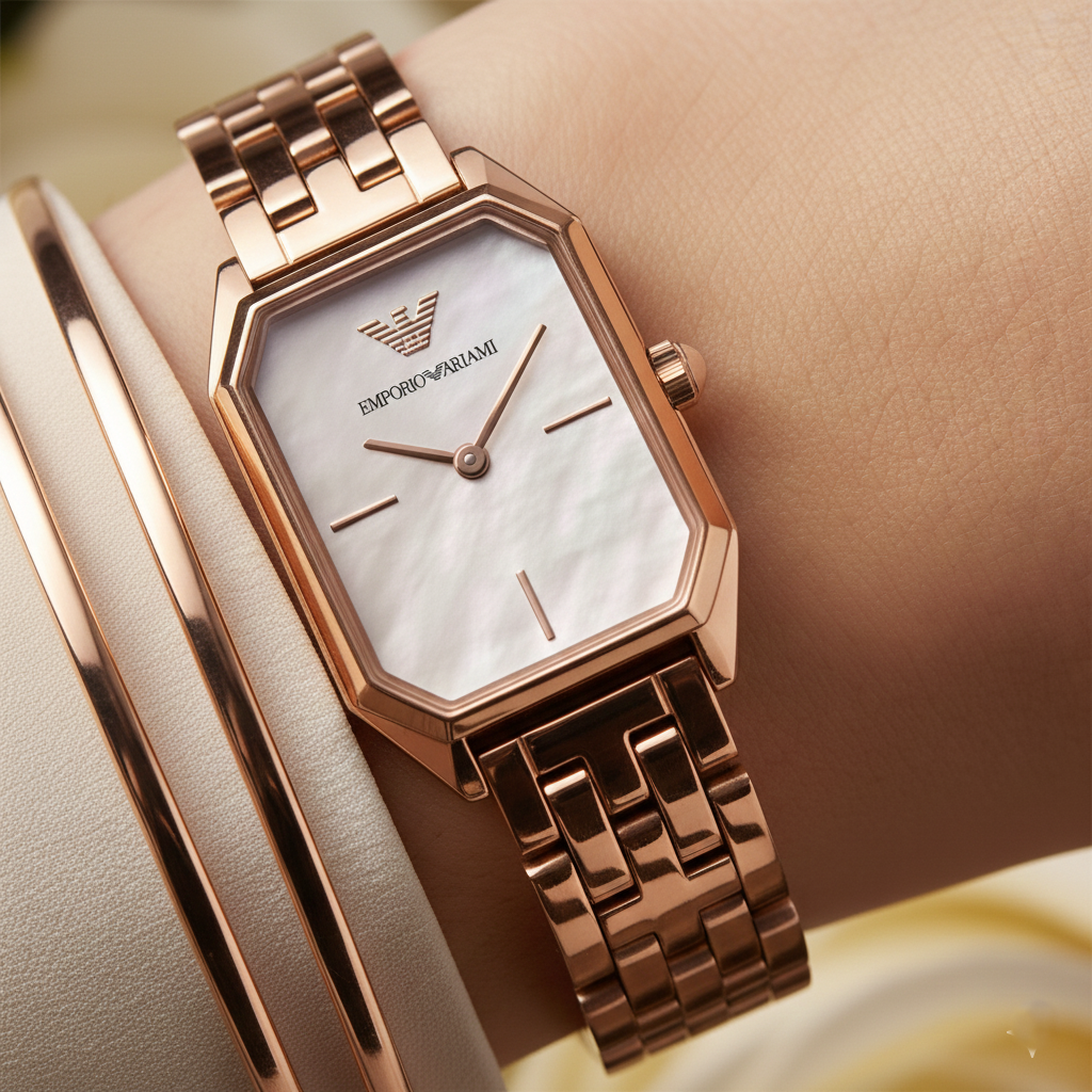 Close up of Armani AR11147 showing iridescent white mother of pearl dial texture