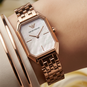 Close up of Armani AR11147 showing iridescent white mother of pearl dial texture