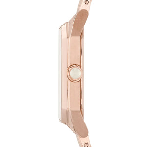 Side view of Emporio Armani AR11147 slim rectangular rose gold case and crown