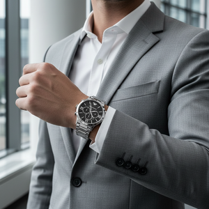 Professional man wearing Emporio Armani AR11208 silver watch with grey suit