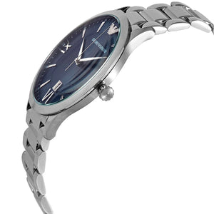 Angled front view of Emporio Armani AR11227 showing blue sunray dial and crystal