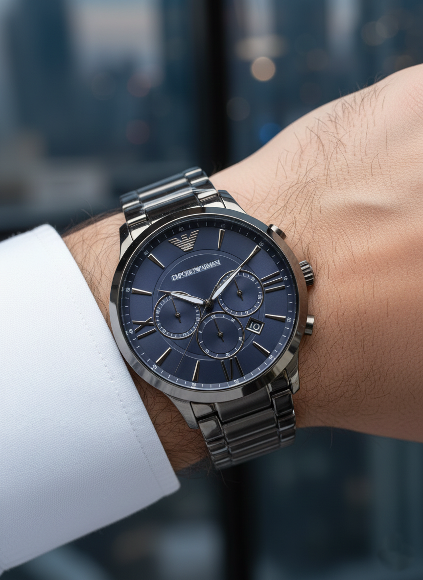 Extreme wrist macro of Armani AR11348 showing navy blue sunray dial and gunmetal finish