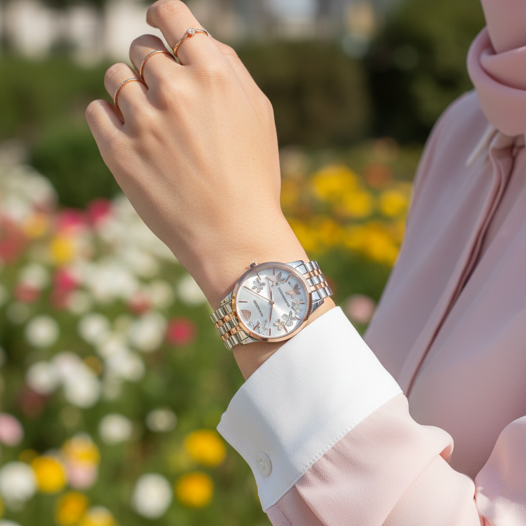 Elegant hijabi woman wearing Emporio Armani AR11113 floral watch with pastel blouse