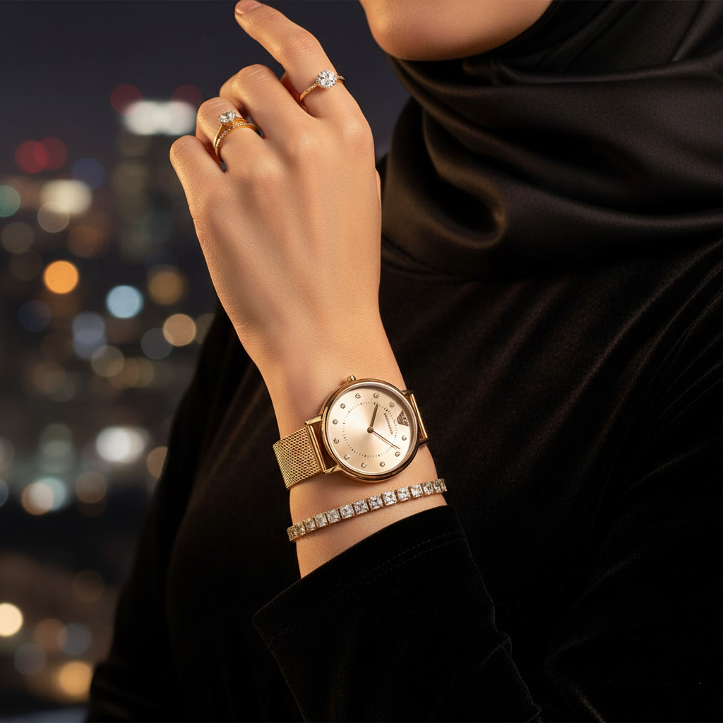 Elegant woman wearing Emporio Armani AR11129 gold mesh watch in professional setting