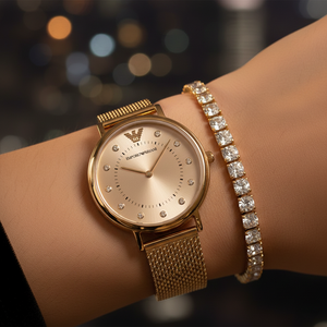 Close up of Armani AR11129 showing the fine gold mesh strap texture and crystal markers