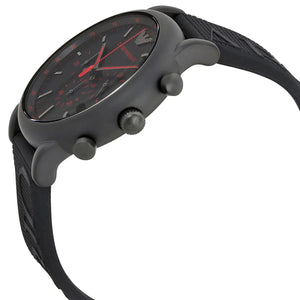 Angled front view of Emporio Armani AR11024 showing red second hand and sub-dials