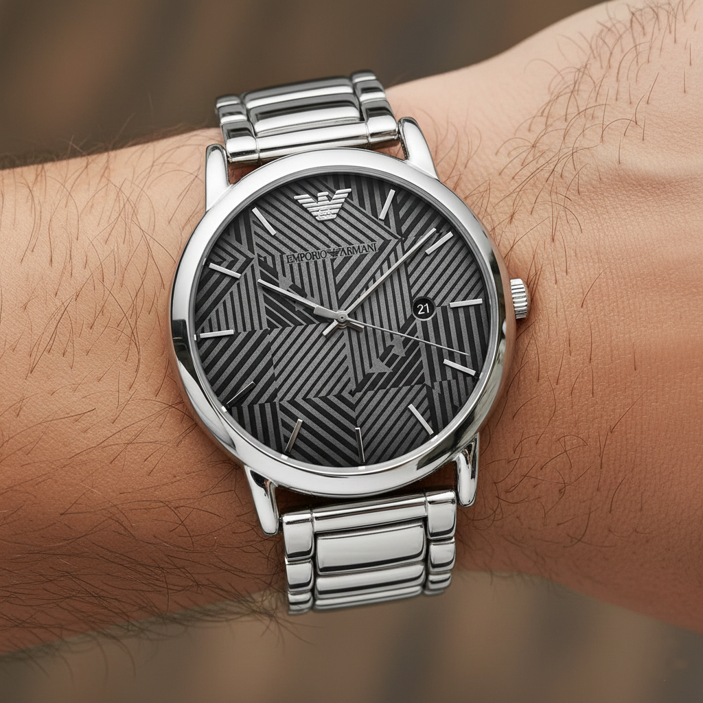 Extreme wrist macro of Armani AR11134 showing diagonal stripe geometric dial pattern