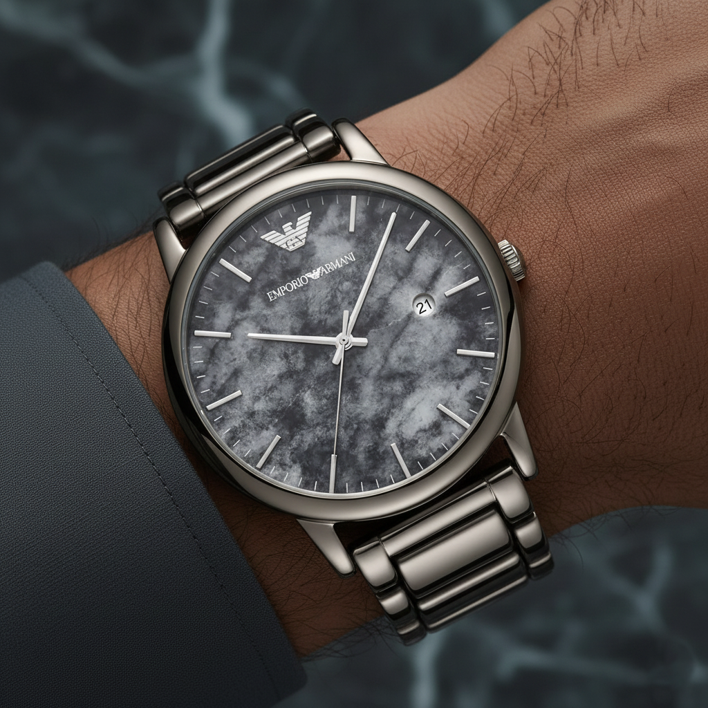 Close up of Armani AR11155 showing realistic grey marble veins on the dial