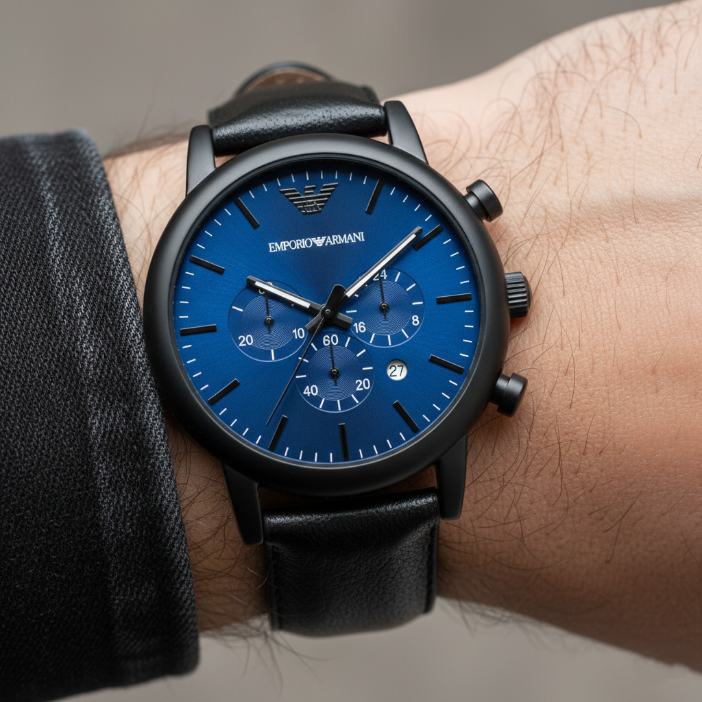 Extreme wrist macro of Armani AR11351 showing vibrant electric blue dial and matte black bezel