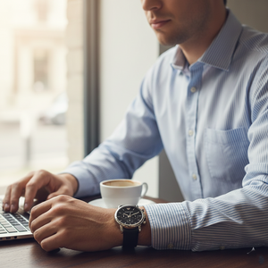 Professional man wearing Emporio Armani AR1733 classic watch with blue dress shirt