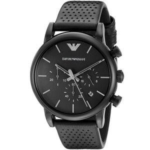 Angled front view of Emporio Armani AR1737 showing matte black case and dial