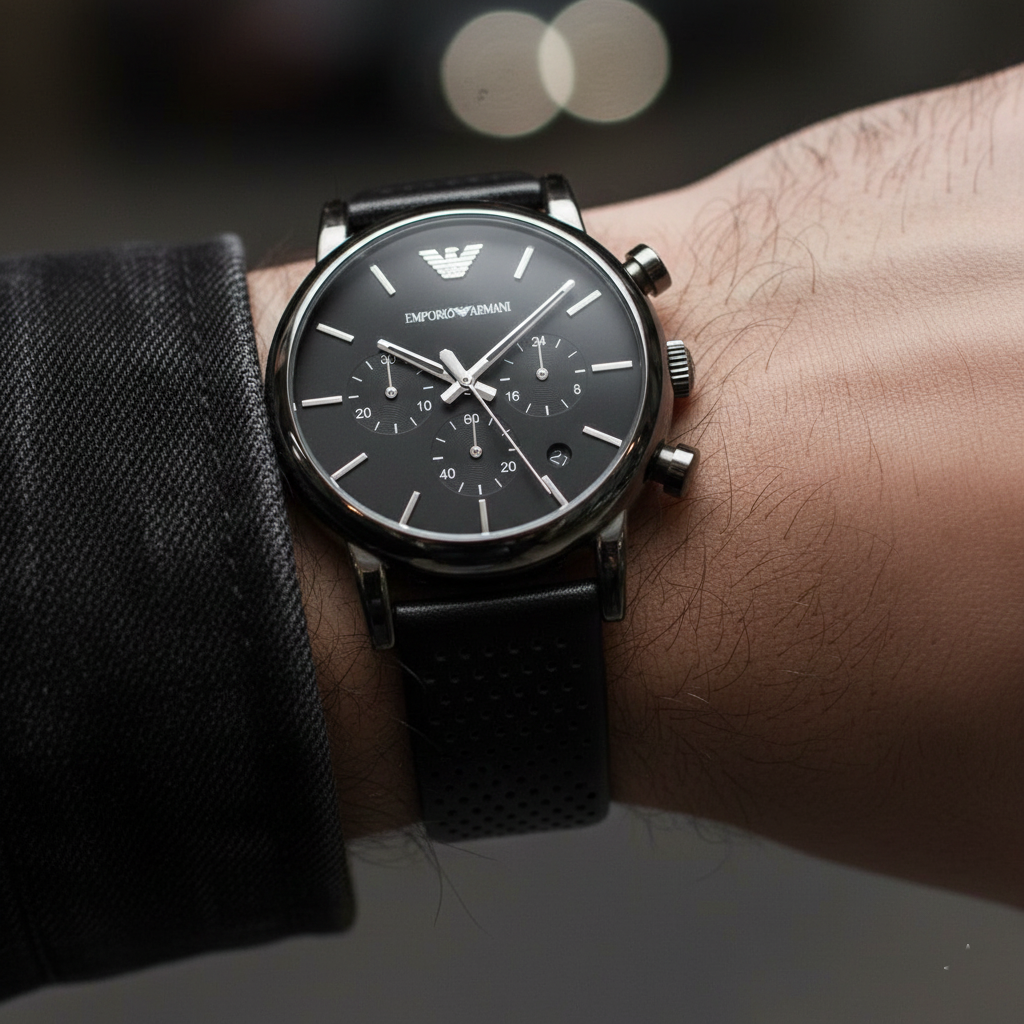 Extreme wrist macro of Armani AR1737 showing perforated black leather strap texture