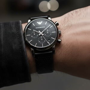 Extreme wrist macro of Armani AR1737 showing perforated black leather strap texture